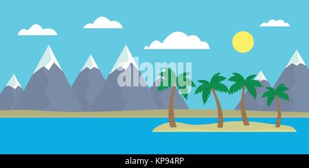 Berg cartoon Blick auf eine Insel im Meer mit Hügeln, Bäumen und grauen Berge mit Gipfeln unter Schnee unter einem blauen Himmel mit Wolken Tag mit Softkeys Stock Vektor