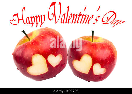 Happy Valentine's Day, zwei Äpfel mit Herzen Stockfoto