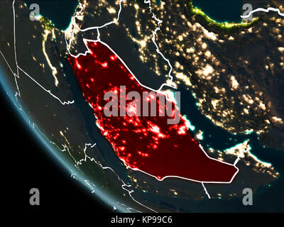 Satellitenansicht von Saudi-arabien in Rot hervorgehoben auf dem Planeten Erde bei Nacht mit Grenzen und die Lichter der Stadt. 3D-Darstellung. Elemente dieses Bild f Stockfoto