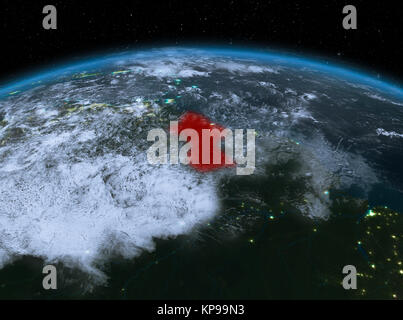 Sat-Nacht Blick von Guyana in rot markiert auf dem Planeten Erde mit Wolken. 3D-Darstellung. Elemente dieses Bild von der NASA eingerichtet. Stockfoto