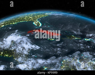 Sat-Nacht Blick auf Kuba in Rot hervorgehoben auf dem Planeten Erde mit Wolken. 3D-Darstellung. Elemente dieses Bild von der NASA eingerichtet. Stockfoto