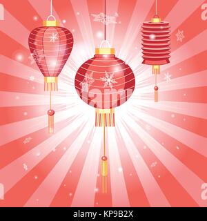 Neue Jahre hell Postkarte mit Lampions auf rotem Hintergrund mit Strahlen Stock Vektor