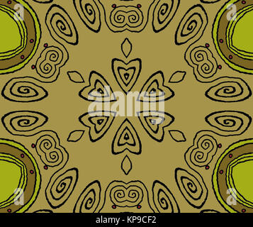 Abstrakte geometrische nahtlose Hintergrund. Reich verzierte und verträumt Spiralmuster. Gescrollt schwarz Ornamente auf Gold mit Oliven grüne Elemente und roten Punkte. Filigrane Zeichnung. Stockfoto