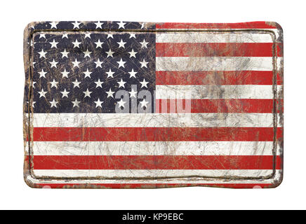 3D-Rendering der Vereinigten Staaten von Amerika Flagge über eine rostige Metallplatte. Auf weissem Hintergrund. Stockfoto