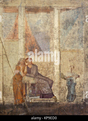 Römischen Fresko Phaedra, gequält von der unerwiderten Liebe zu seinem Stiefsohn Hippolyt, liefert einen Brief, in dem er wirft ihm vor, und was wird zu seinem Tod führen. Haus von Jason (20-25). Pompeji. Nationalen Archäologischen Museum. Neapel. Italien. Stockfoto