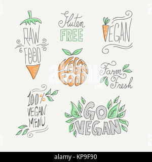 Vegan und roh essen handgefertigte Etiketten eingestellt Stockfoto