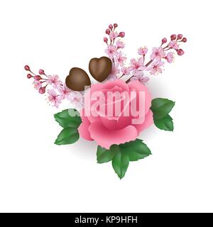 Realistische Valentinstag 3d Rose Blume Schokolade Sakura Blossom. Herzform Candy pink flower cherry Blütenblätter grüne Blätter. Urlaub vorhanden Romantisches Datum Geschenk Vector Illustration Stock Vektor