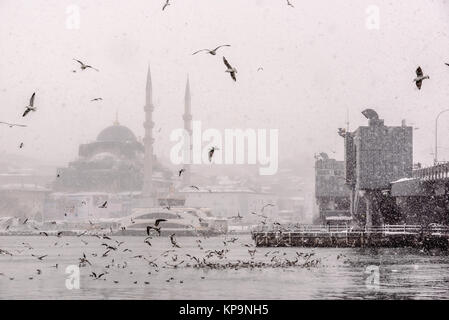 Winter seascape Blick auf populäre Neue mosgue und Galata Brücke über den Bosporus Möwen fliegen an einem verschneiten Tag im Winter. Stockfoto