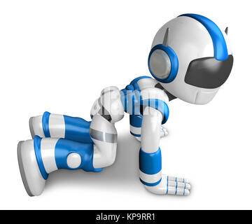 Blauer Roboter Charakter werfen sich zu meinen Füßen und bat meine Vergebung. Erstellen Sie 3D humanoide Roboter-Serie. Stockfoto