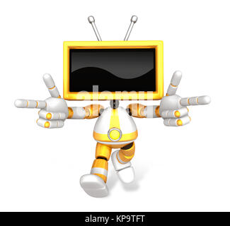 Gelb TV Charakter bitte Anleitung. Erstellen Sie 3D-Fernsehen Roboter Serie. Stockfoto