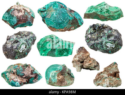 Verschiedene Malachit mineral Gem Stones isoliert Stockfoto