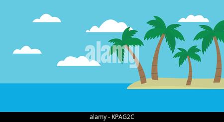 Cartoon farbenfrohen Blick auf die tropischen Insel mit Strand und Palmen in der Mitte des blauen Meer unter klaren Himmel mit Wolken im Sommer Tag, geeignet für Holida Stock Vektor