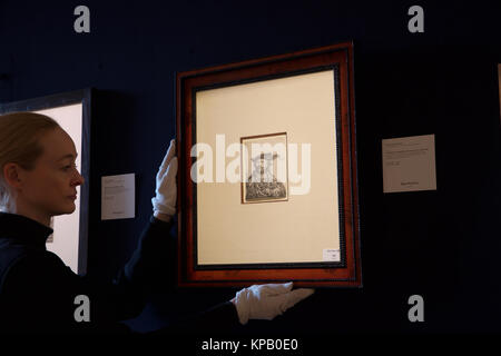 London, Großbritannien. 15 Dez, 2017. Fotoshooting für Bonhams druckt und Multiples fand in New Bond Street, London statt. Zu den Highlights gehören: Rembrandt Harmensz. VAN RIJN (Niederländisch, 1606-1669) Selbstbildnis in einem Velvet Kappe mit Plume £ 6.000 - 8.000. Der Verkauf selbst ist am 18. Dezember 2017 Quelle: Keith Larby/Alamy leben Nachrichten Stockfoto