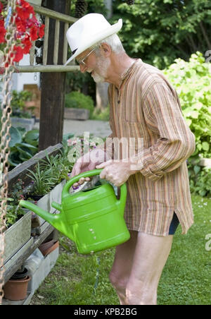 Model Release, Pensionist, 65 +, Im Garten Beim Blumengiessen - Rentner, die Blumen im Garten gießen Stockfoto