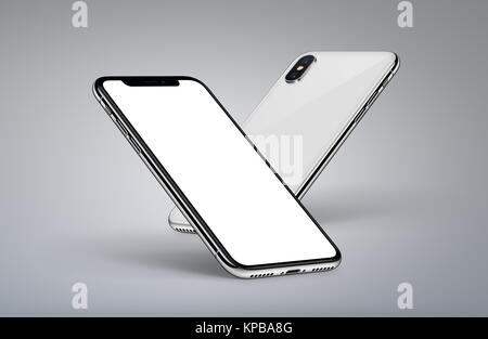 Ähnlich wie das iPhone X Perspektive smartphones mockup Rückseite und Vorderseite mit weißer Bildschirm auf hellen Hintergrund. Stockfoto