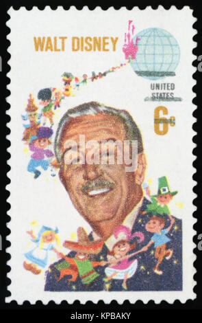 Vereinigte STAATEN VON AMERIKA - ca. 1968: einen gebrauchten Briefmarke aus den USA, zeigt ein Bild des amerikanischen Animator, stimme Schauspieler und Filmproduzent Walt Stockfoto