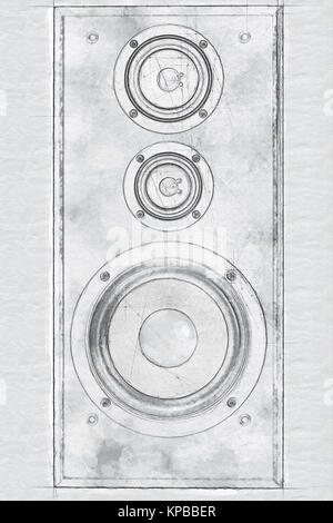 Drei Hi-Fi-Lautsprecher in technische Zeichnung isoliert Stockfoto