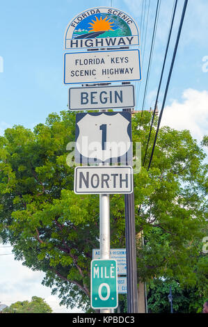 Meile 0 beginnen, uns 1 in Richtung Norden auf die Florida Keys Scenic Highway, Key West, Florida Stockfoto
