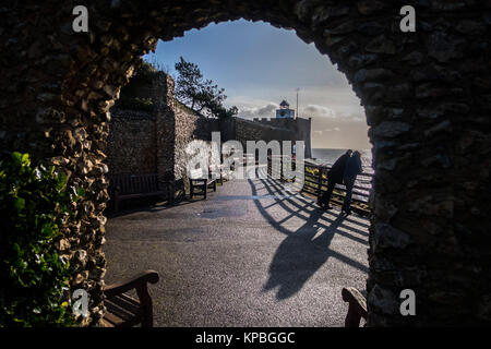 Die Leute schauen auf das Meer vom Connaught Gardens in Honiton, Devon. Stockfoto