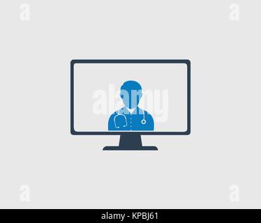 Online Icon. Arzt Ist auf dem Computerbildschirm mit grauem Hintergrund. Stock Vektor