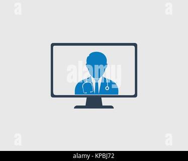 Online Icon. Arzt Ist auf dem Computerbildschirm mit grauem Hintergrund. Stock Vektor