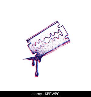 Vector Rot Blau Schwarz anaglif arbeiten Tattoo dot Kunst Hand gezeichnet Gravur style Messer Rasiermesser mit Blut tropfen Abbildung isoliert weißer backgrou Stock Vektor