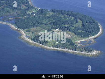 Ein Luftbild von berühmten Oak Island in Nova Scotia im Jahr 1984, in dem die Piraten Geldgrube und Schatzsuche Geräten Stockfoto