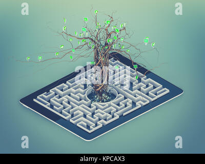 Social media Icons im Baum auf Labyrinth in der Tablette. Stockfoto