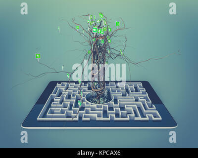 Social media Icons im Baum auf Labyrinth in der Tablette. Stockfoto