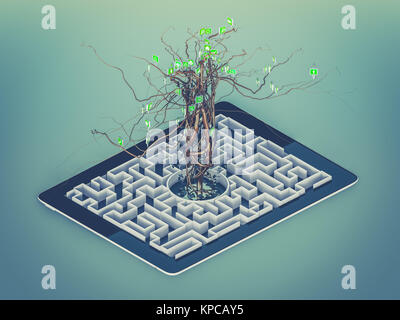 Social media Icons im Baum auf Labyrinth in der Tablette. Stockfoto