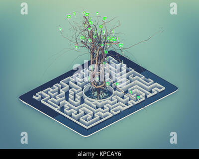 Social media Icons im Baum auf Labyrinth in der Tablette. Stockfoto