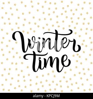 Winter benutzerdefinierte weißer Schrift Text auf weißem Hintergrund mit goldenen Sternen, Vector Illustration. Kalligraphie für Logo, Einladung, Plakat, Dekoration Stock Vektor