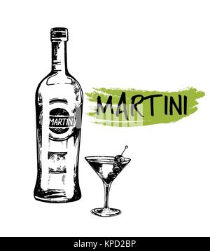 Satz von Hand gezeichnete Skizze stil Flasche Wermut und Martini Cocktail. Vector Illustration auf weißem Hintergrund. Stock Vektor