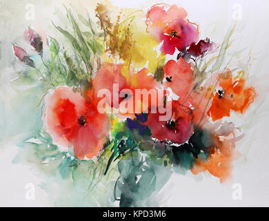 Malerei Aquarell mohnblumen Strauß Stockfoto
