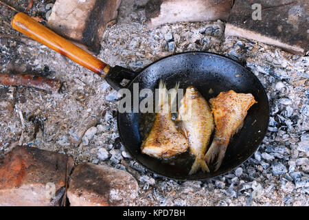 Gebratener Fisch auf dem Feuer in einer Pfanne. Stockfoto