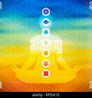 Yoga pose mit chakra Symbole Stockfoto