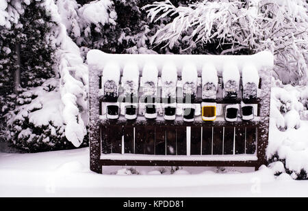 Mehrere Postfächer mit Schnee bedeckt. Ein gelbes Papier, standands mit Farbe. Stockfoto
