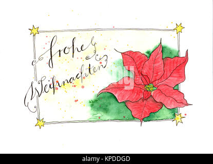 Aquarell Malerei Weihnachtskarte mit Weihnachtsstern Blume und deutschen Text: Frohe Weihnachten Stockfoto