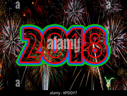 Feuerwerk 2018 Silvester Konzept explodierende Feuerwerk Feier. Verhältnis für 5 und 7 x 5 Grußkarten Stockfoto