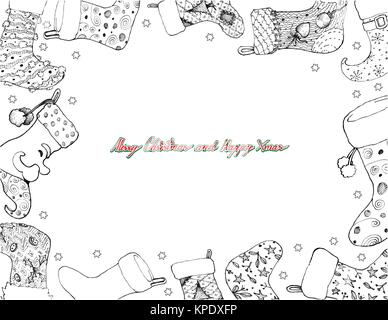 Abbildung Rahmen von Hand gezeichnete Skizze von geprüft Weihnachten Strümpfe hängen in der Luft warten auf Santa Claus kommt in der Nacht. Stock Vektor