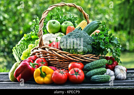 Weidenkorb mit sortierten rohes Gemüse aus ökologischem Anbau im Garten Stockfoto