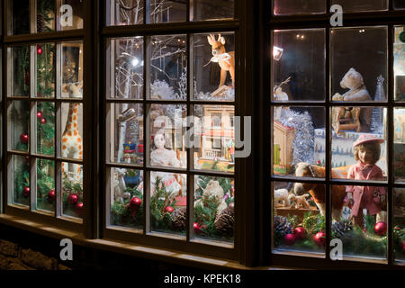 Durham house Antiquitäten center Weihnachten shop Fenster in der Nacht. Verstauen auf der Wold, Cotswolds, Gloucestershire, England Stockfoto