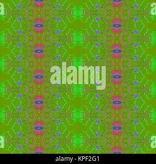 Abstrakte geometrische nahtlose Hintergrund. Kunstvolle Ornamente in Lime Grün, Rot, Violett, Lila und Blau Schattierungen auf oliv grün. Stockfoto