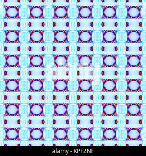 Abstrakte geometrische nahtlose Hintergrund. Reich verzierte Karomuster mit Ellipsen und mit Elementen in Türkis, Blau, Rot, Violett, Lila und Orange. Stockfoto