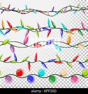Christmas Lights farbige Girlanden Vektor. Flache Glühbirnen Sammlung. Verschiedenen Längen. Auf transparentem Hintergrund Abbildung isoliert Stock Vektor