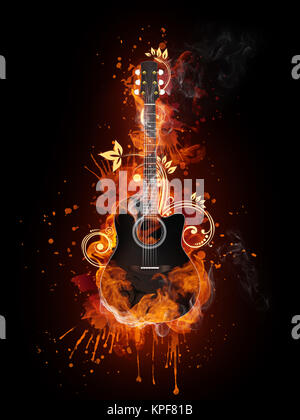Elektro-akustische Gitarre im Feuer Flamme isoliert auf schwarzem Hintergrund Stockfoto