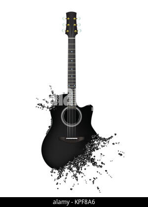 Flüssige Gitarre mit Noten isoliert auf weißem Hintergrund. Stockfoto