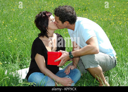 Valentinstag, Paar Kuesst Sich in der Wiese - Happy Valentine, liebe paar Küssen auf Wiese Stockfoto