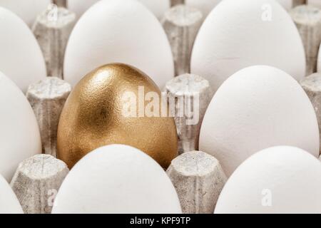 Goldene Ei Konzept unter weißen Eier in der Kartonpackung Stockfoto