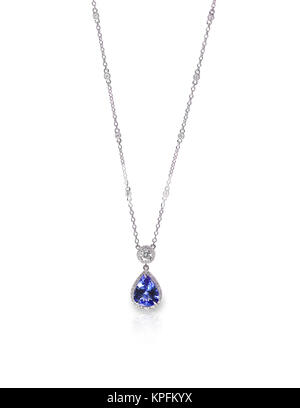 Blauer Edelstein und Diamant Anhänger mit Halskette Stockfoto